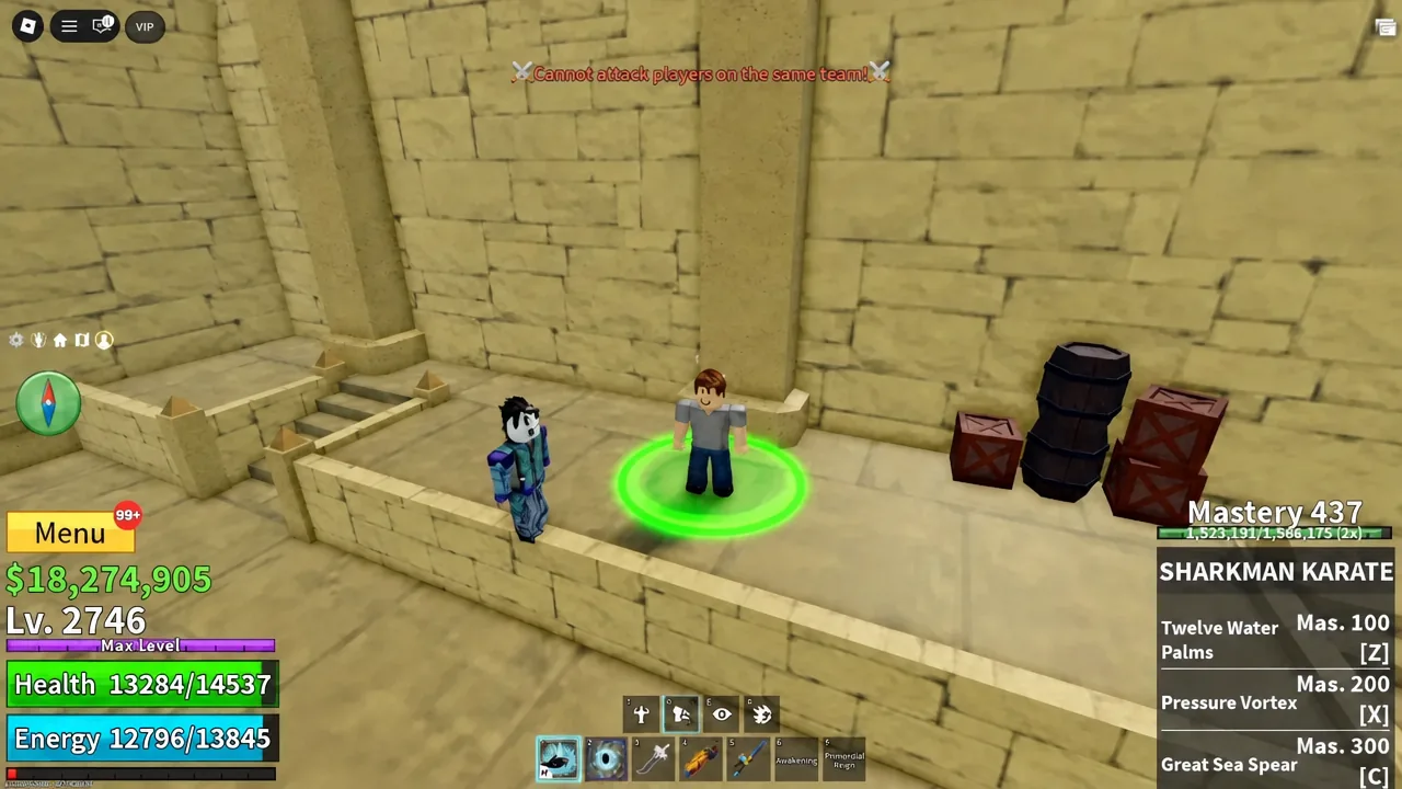 A Cannot attack players on the same team message appears while another player stands in the quest ring