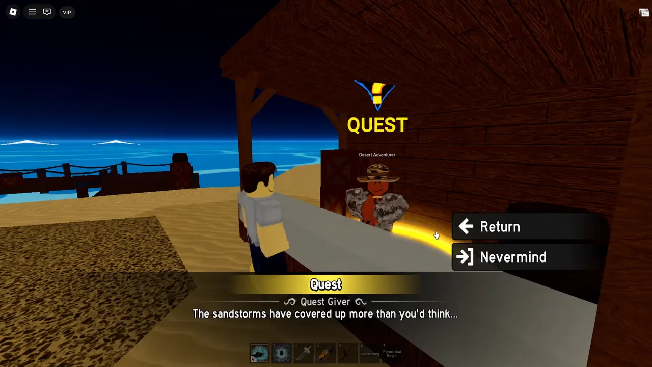 Talking to the Desert Adventurer NPC near the docks to start the pillar objective