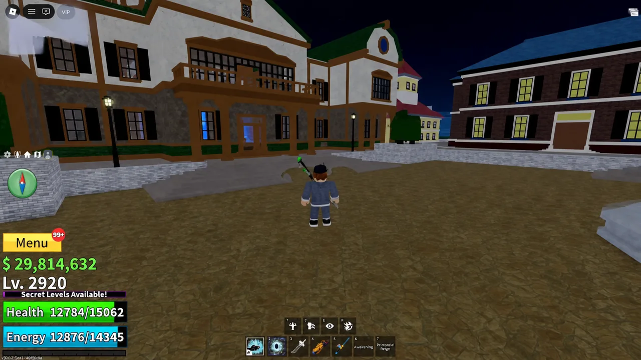Player standing in the Fountain City square before heading to the Secrets Master balcony