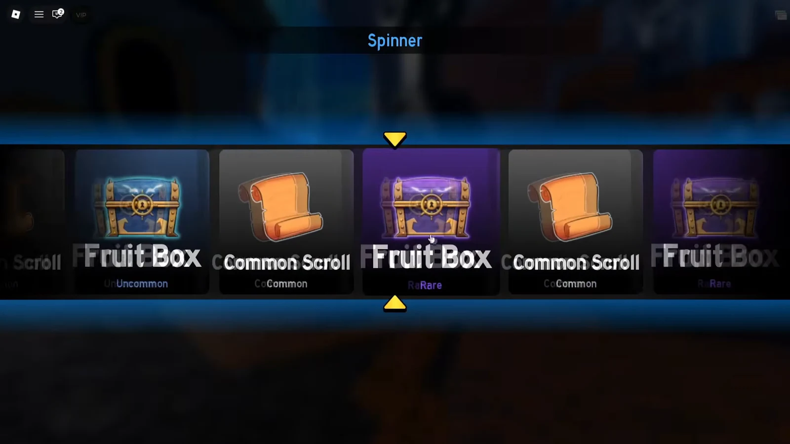 Spinner reward wheel cycling through scrolls and a Fruit Box after the awakened boss fight