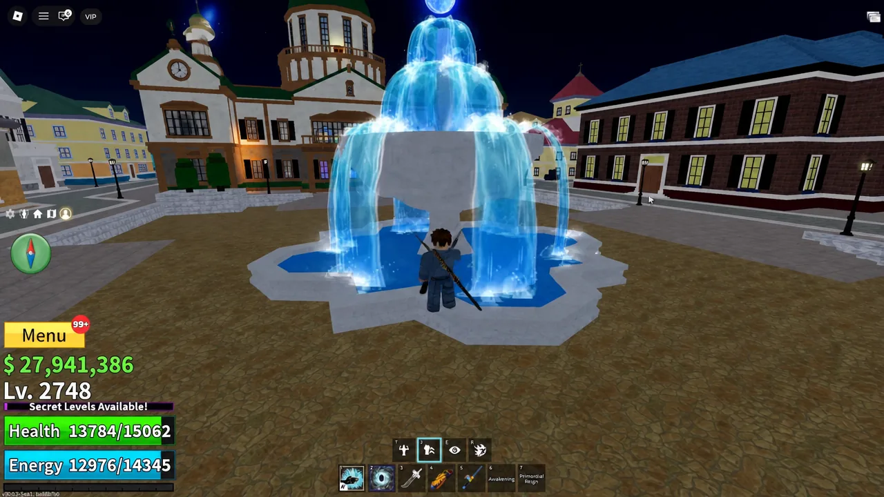 Player standing near the lit fountain in Middle Town before visiting the Secrets Master