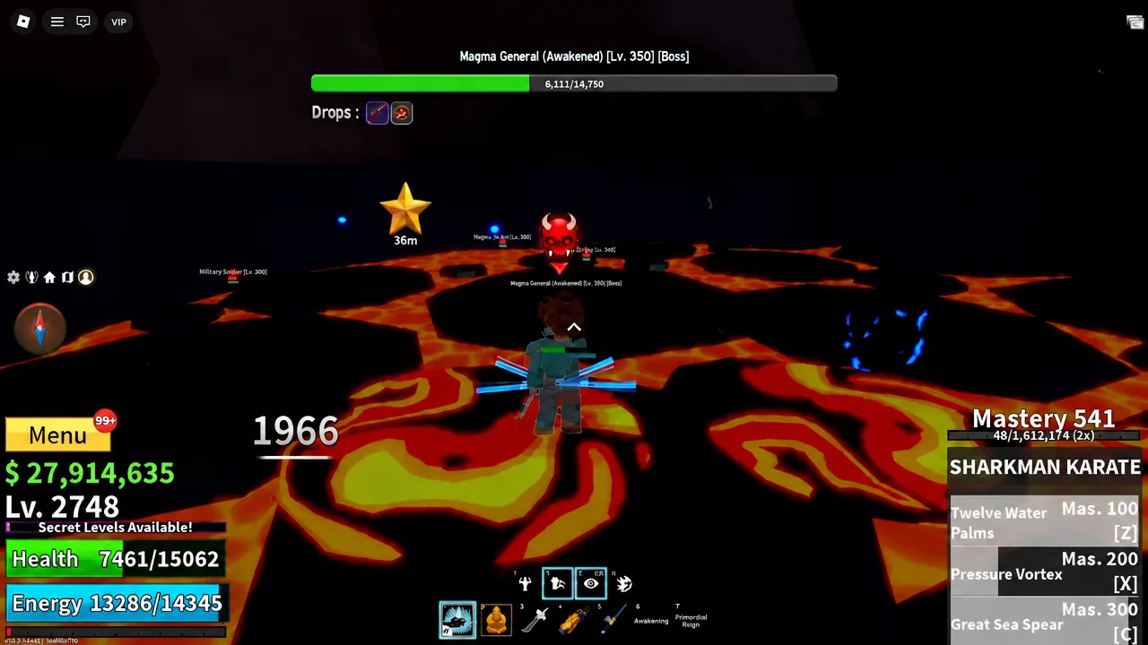 Magma General (Awakened) boss health bar on screen during a Sharkman Karate combo