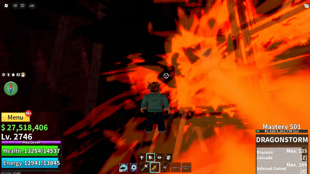 Player firing a hotbar ability while a wide fire attack sweeps across the volcano arena