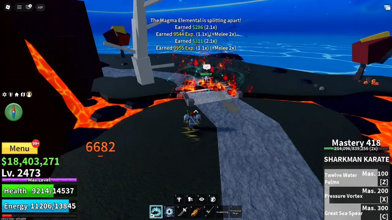 Volcano Island in Blox Fruits, with the volcano rising over the black stone shoreline