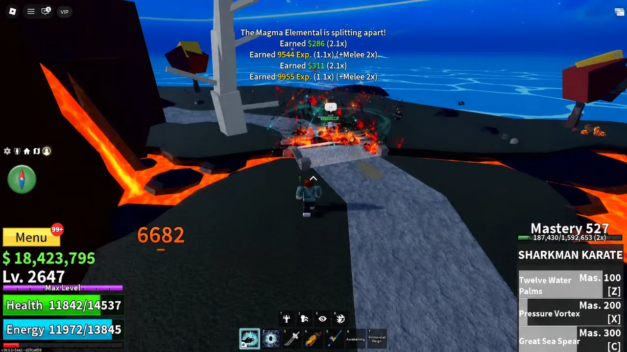 The large Magma Elemental breaking apart at the lava pool as reward notifications pop up on screen