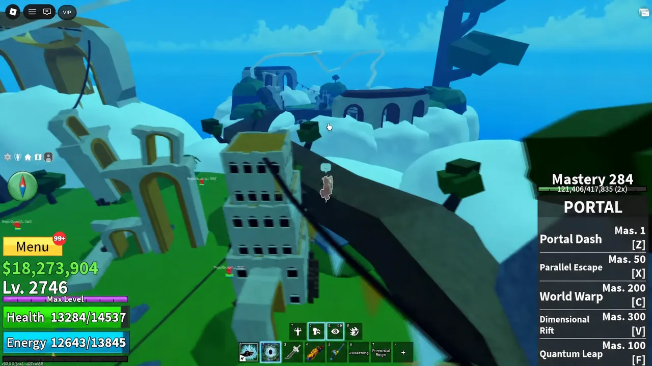 Player dropping into the temple shaft in Upper Skylands before smashing the barrier below