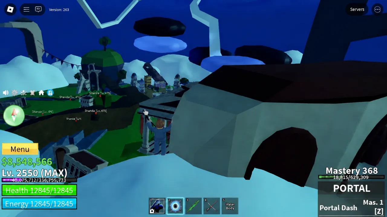 Dark storm clouds hanging over the red-bannered temple where Sky Warlord spawns