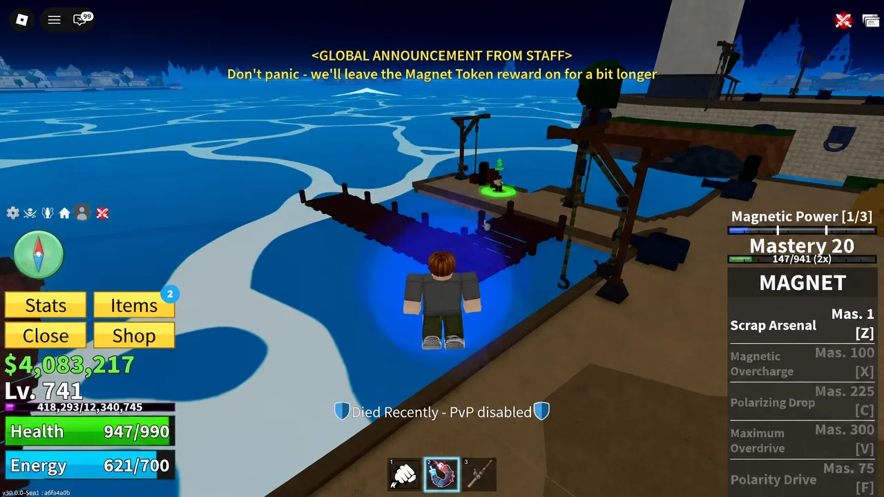 Player with Magnet equipped on a dock, with the Magnet mastery panel showing Scrap Arsenal