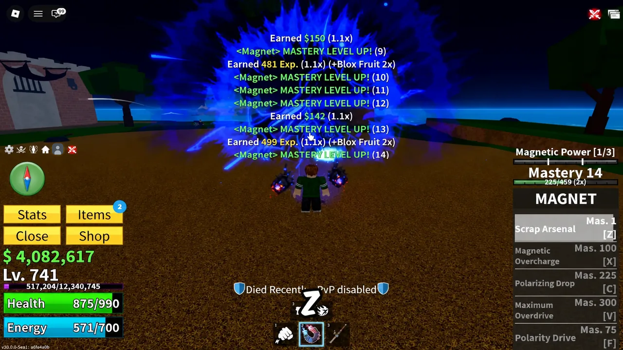 Magnet ability panel showing Scrap Arsenal on Z while mastery increases from repeated attacks
