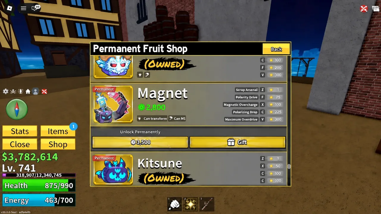 Permanent Fruit Shop with Magnet selected and the Unlock Permanently button visible