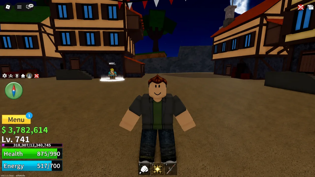 Player standing in a Blox Fruits town with the Menu button highlighted, ready to open the World Map
