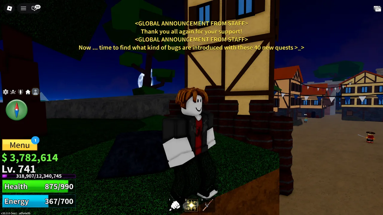 Blox Fruits gameplay with the yellow Menu button highlighted on the side of the screen