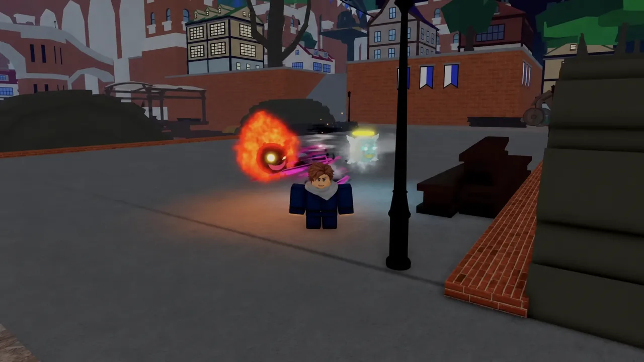 Player using a fire ability against glowing enemies in a redesigned town plaza