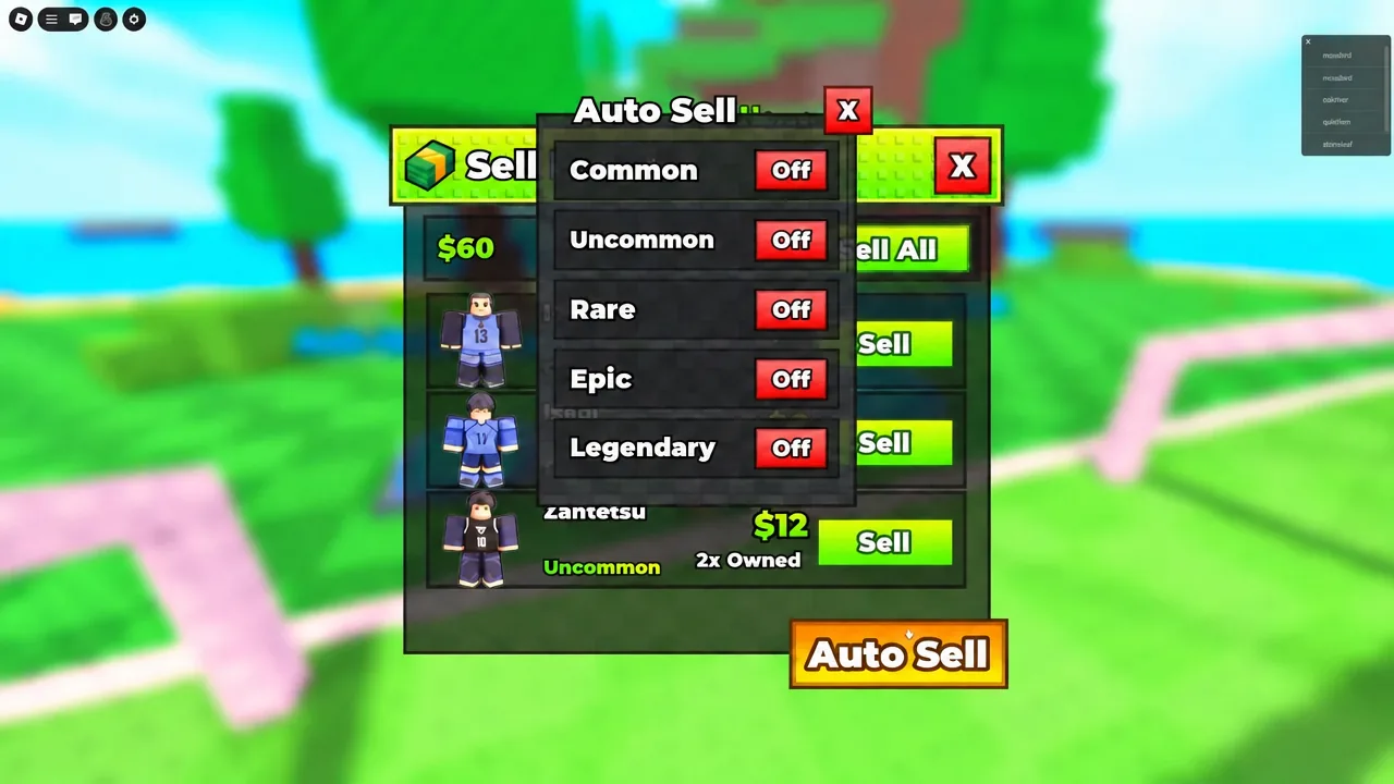 Auto Sell menu with Common, Uncommon, Rare, Epic and Legendary rarity toggles