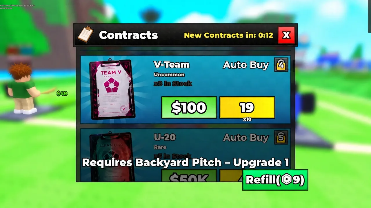 Contracts menu showing the Team V pack at $100 with its Auto Buy toggle