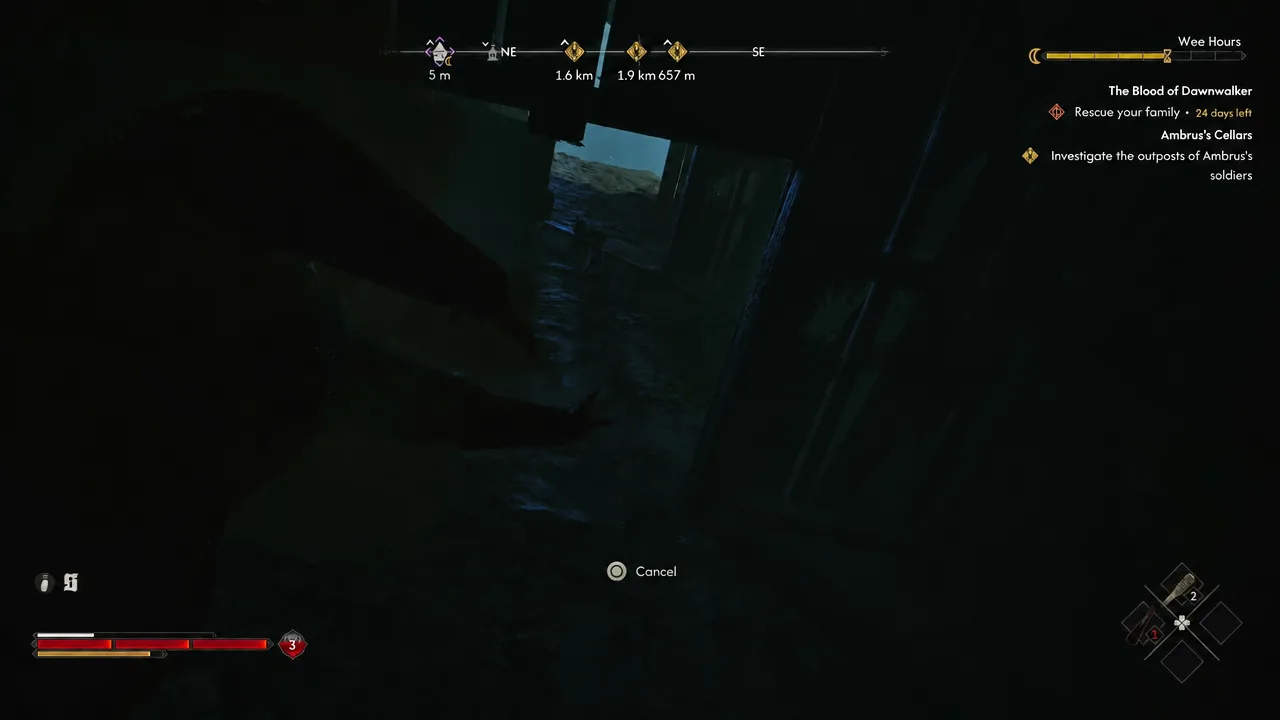 Coen mid-interaction inside a dark stone passage with the Cancel control on screen