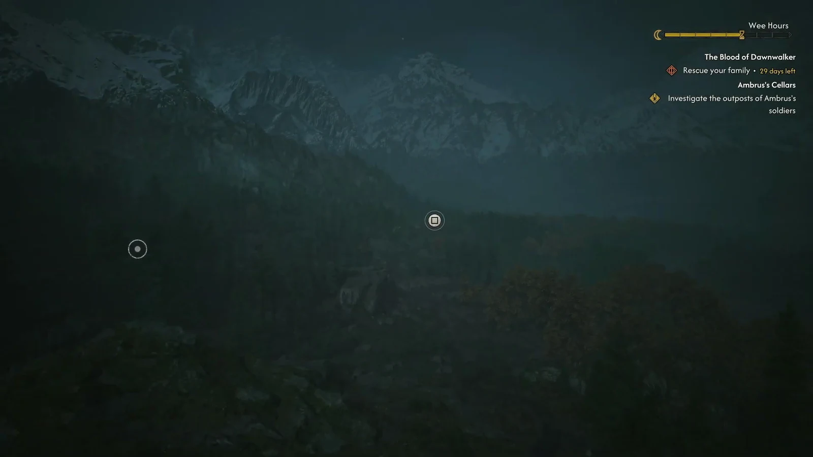 Objective list and waypoint markers guiding exploration across a dark landscape at night