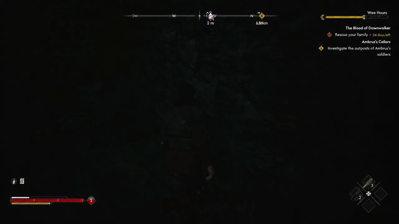 Quest tracker showing the Rescue your family objective as Coen closes in on a waypoint at night