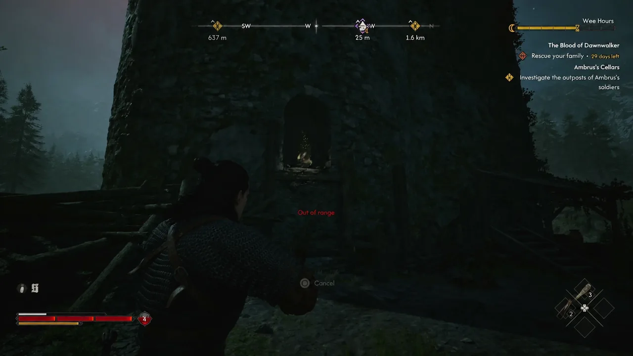 Out of range warning appearing while aiming a teleport at an opening in the tower wall