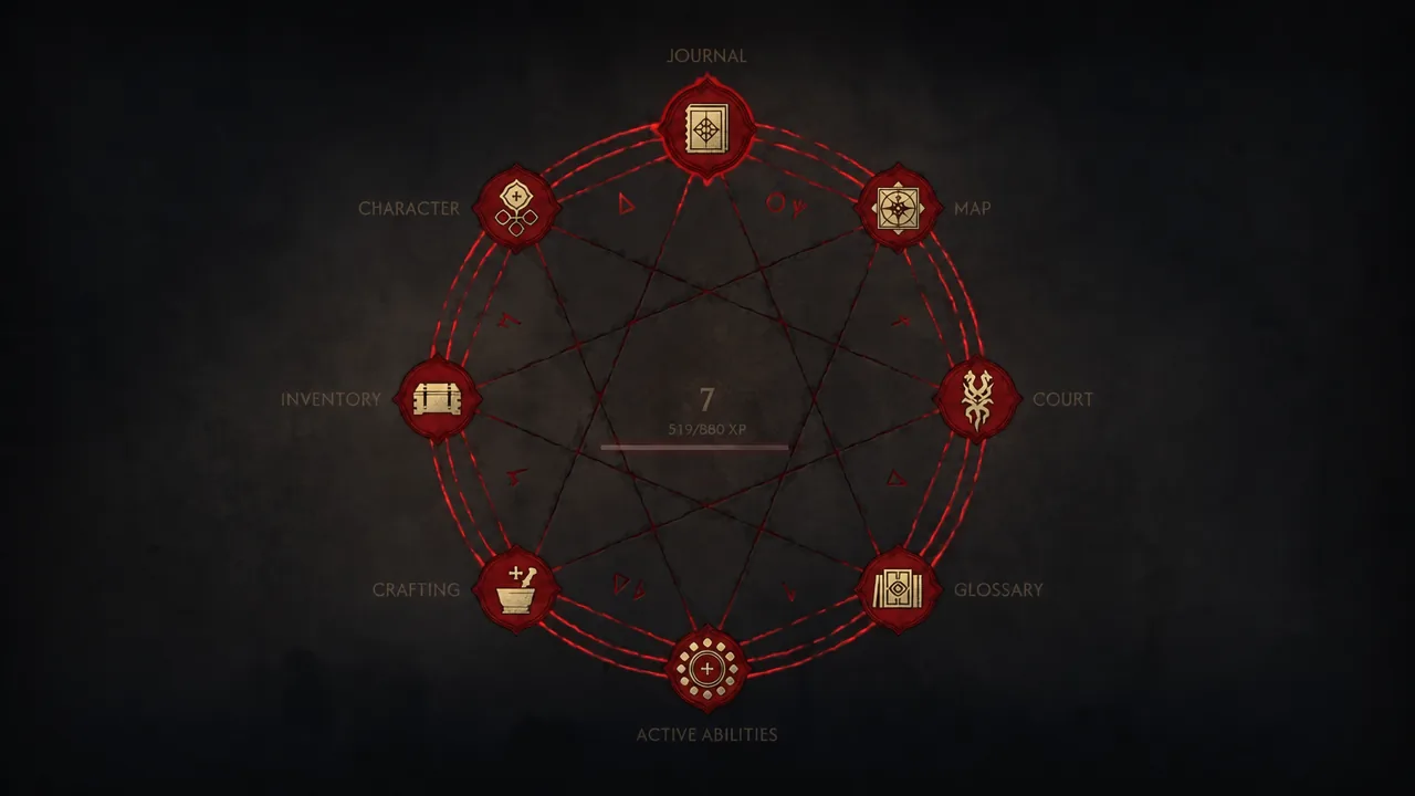 Journal menu open on the Journal tab showing the navigation wheel and level 7 XP progress