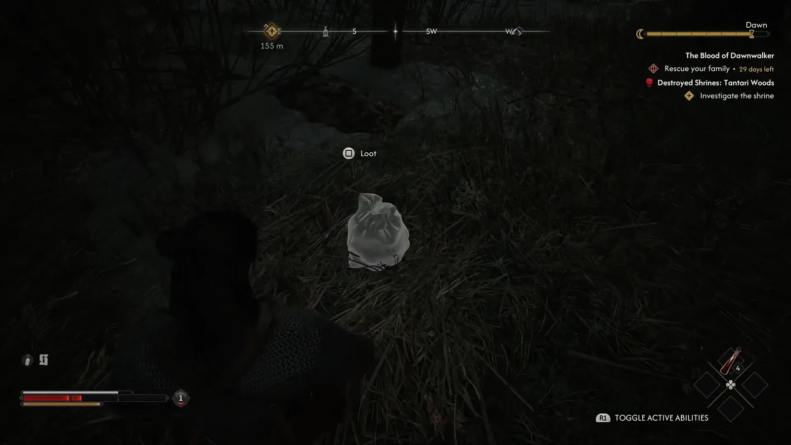 Loot prompt appearing over a sack lying on the ground in the swamp