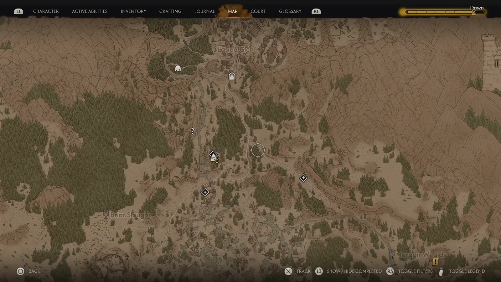 World map screen with the cursor hovering over region markers and points of interest
