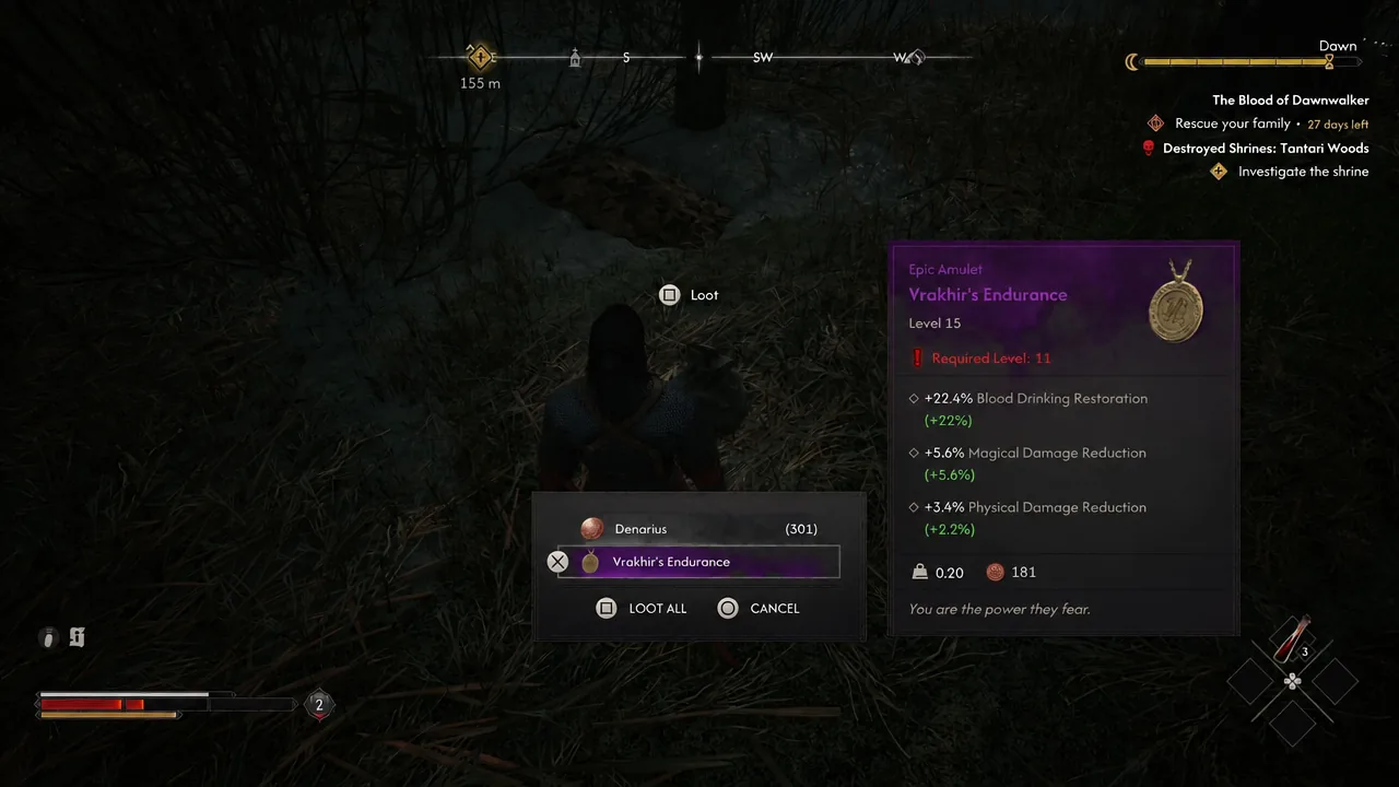 Loot panel showing the Epic chest armor selected with its stat breakdown and a Loot All option