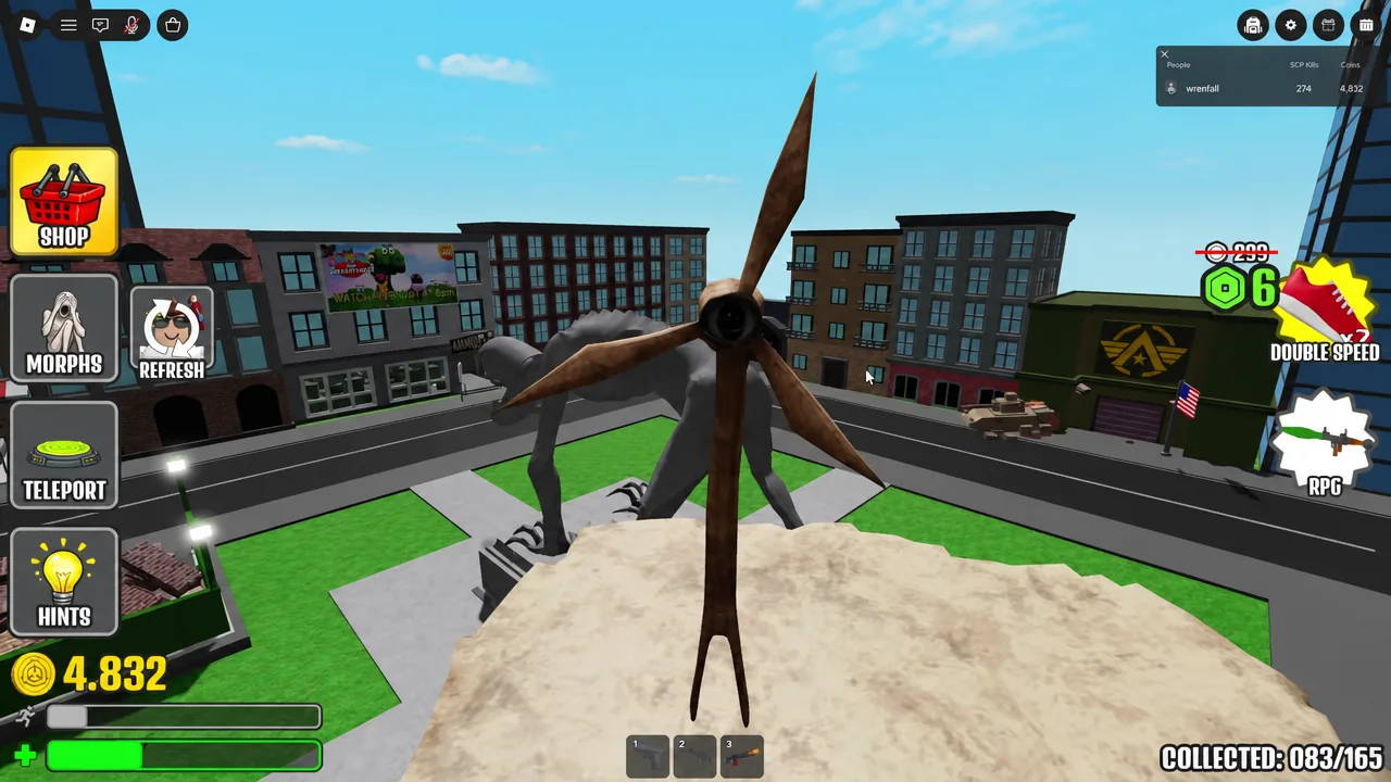 SCP Morph city hub with the Shop, Morphs, Teleport and Hints buttons on screen