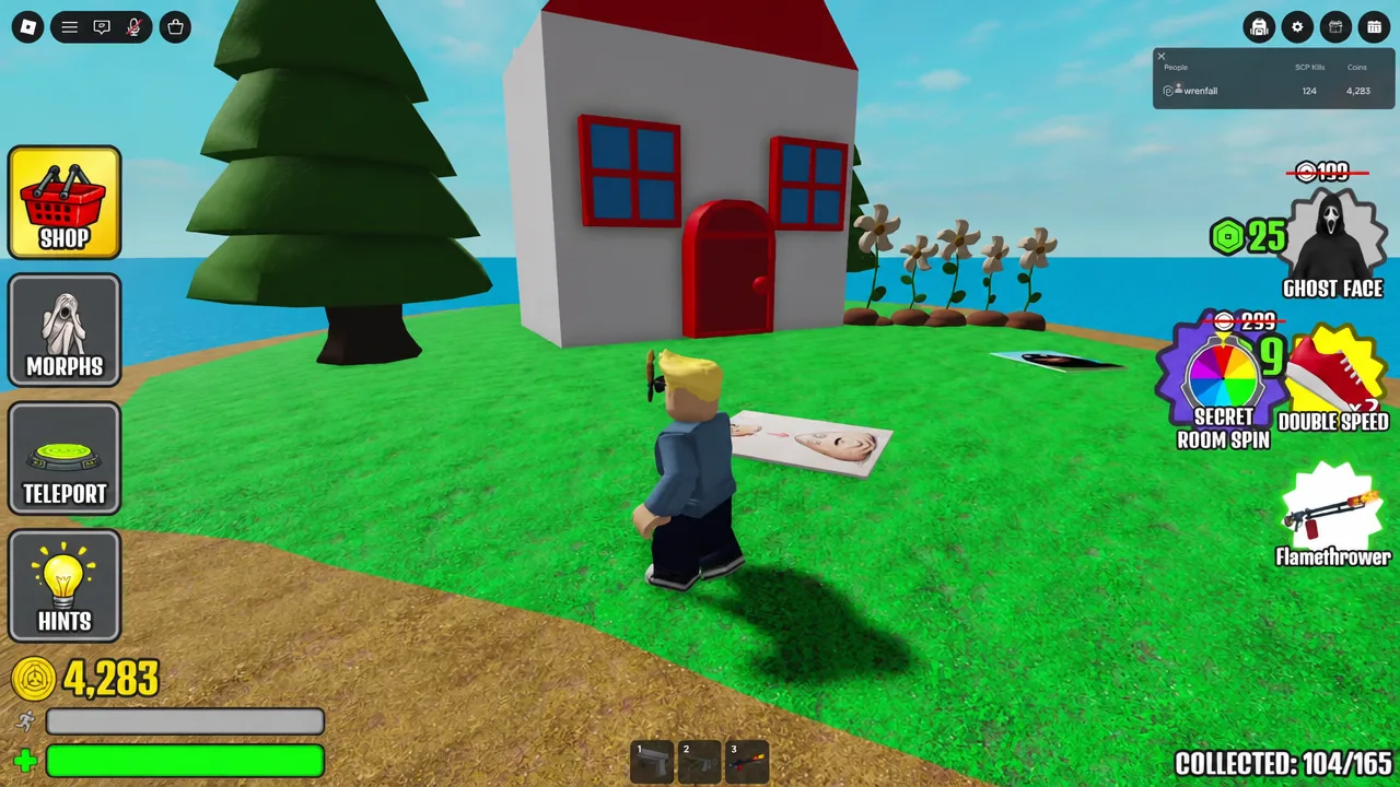 Player standing outside the spawn house with the Shop, Morphs, Teleport, and Hints buttons on screen