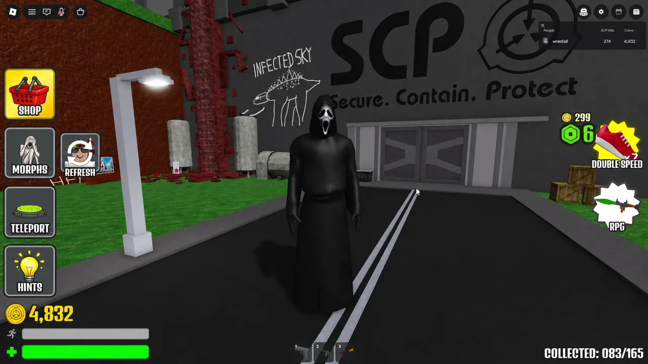 The Ghost Face morph equipped inside the SCP facility with the Double Speed button on screen