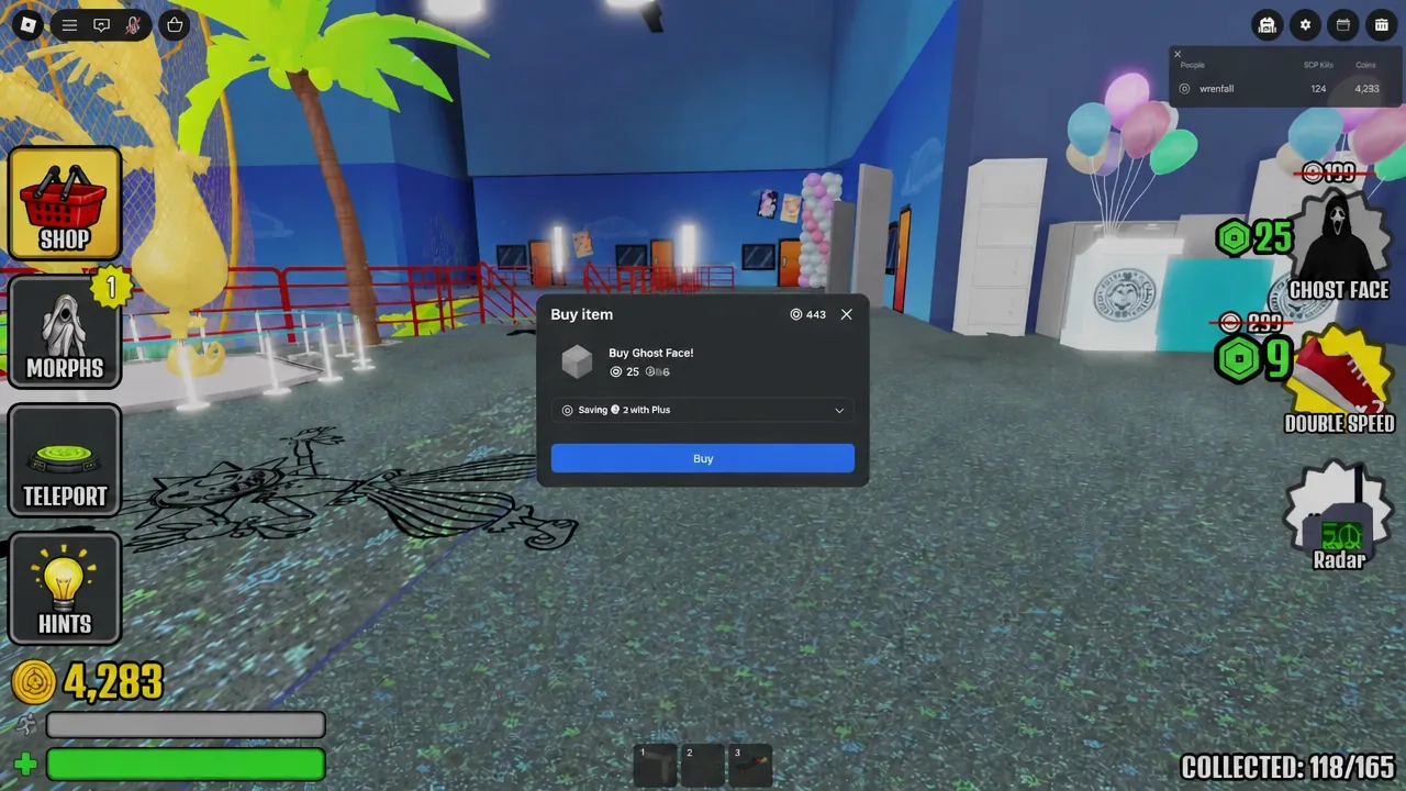 Buy item confirmation window with the blue Buy button for the Ghost Face morph