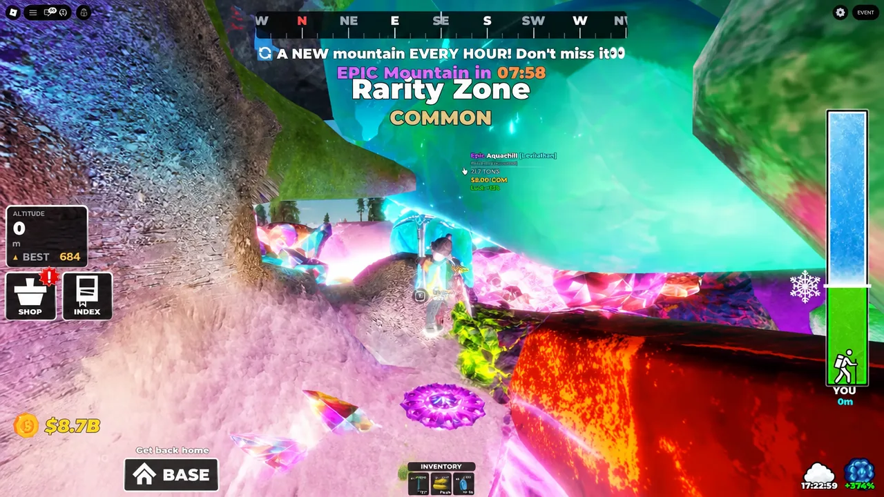 An Epic-rarity Aquashell crystal highlighted underground as the player approaches it