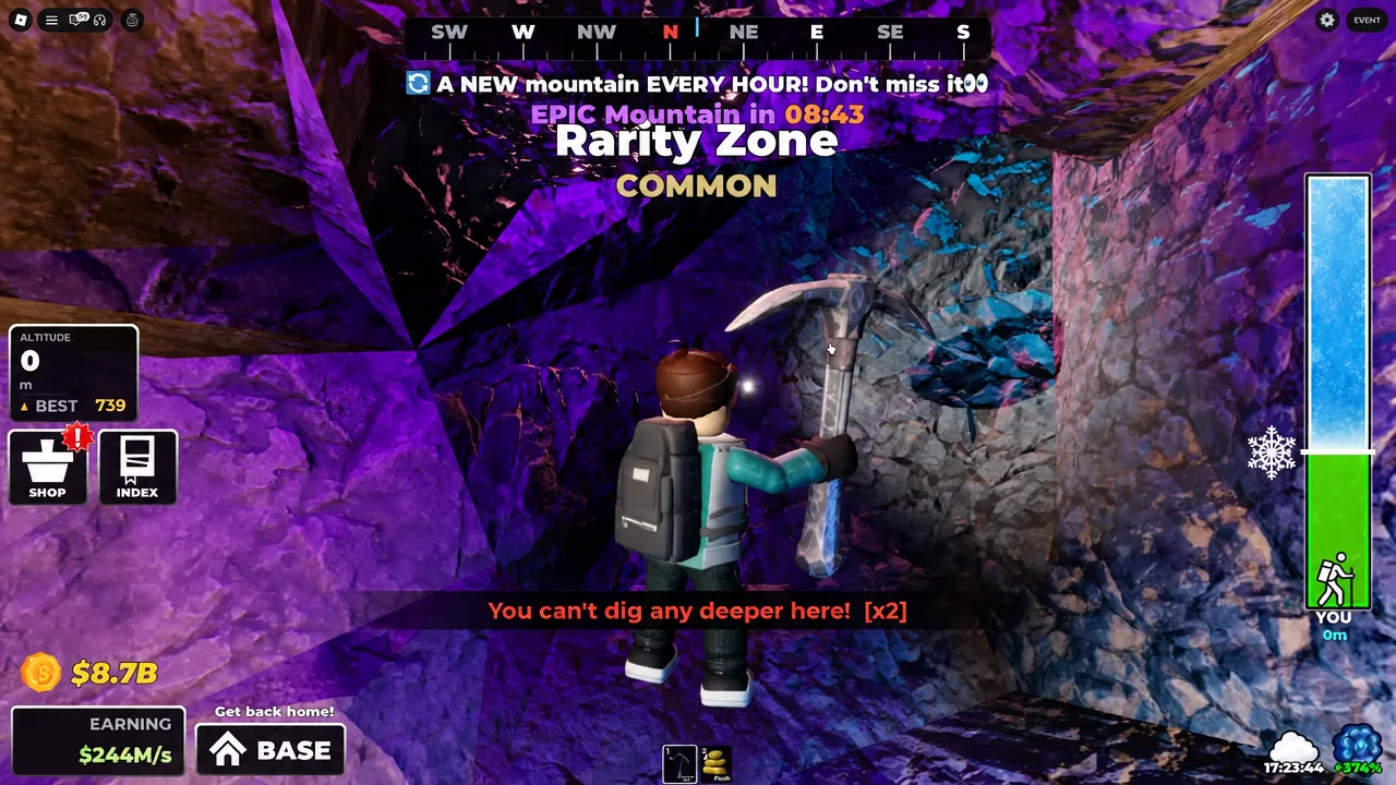 Player swinging a pickaxe as a message reads that they cannot dig any deeper here