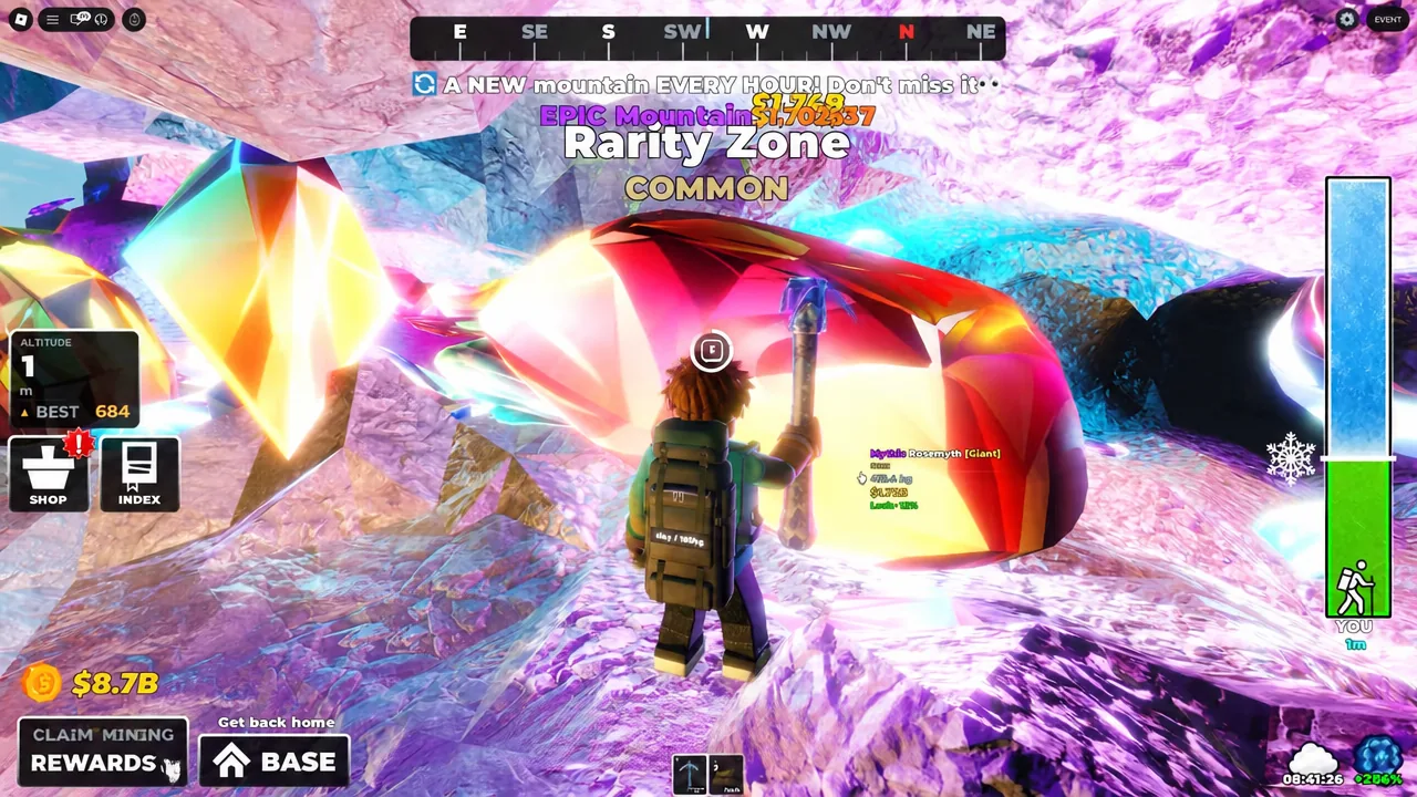 An E interaction prompt appears over a giant mushroom in the Rarity Zone
