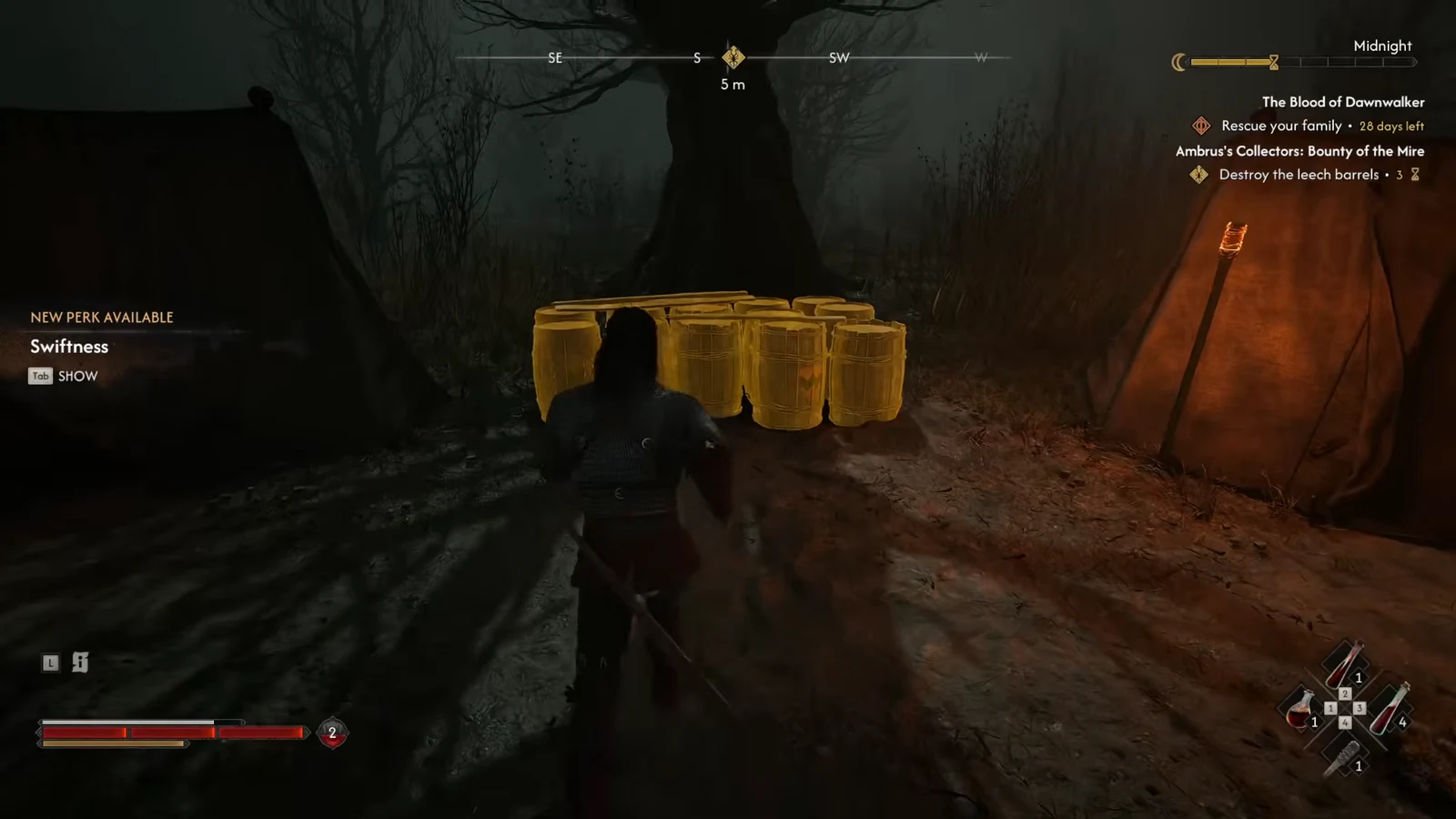 Highlighted leech barrels in the camp during the Destroy the leech barrels objective