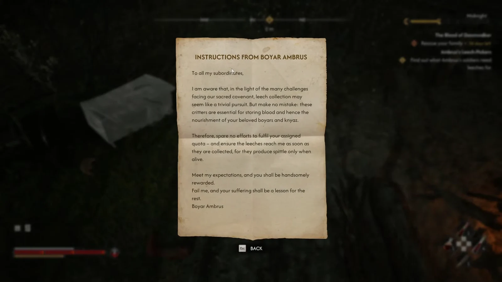 The Instructions from Boyar Ambrus letter open on screen with the Esc back prompt