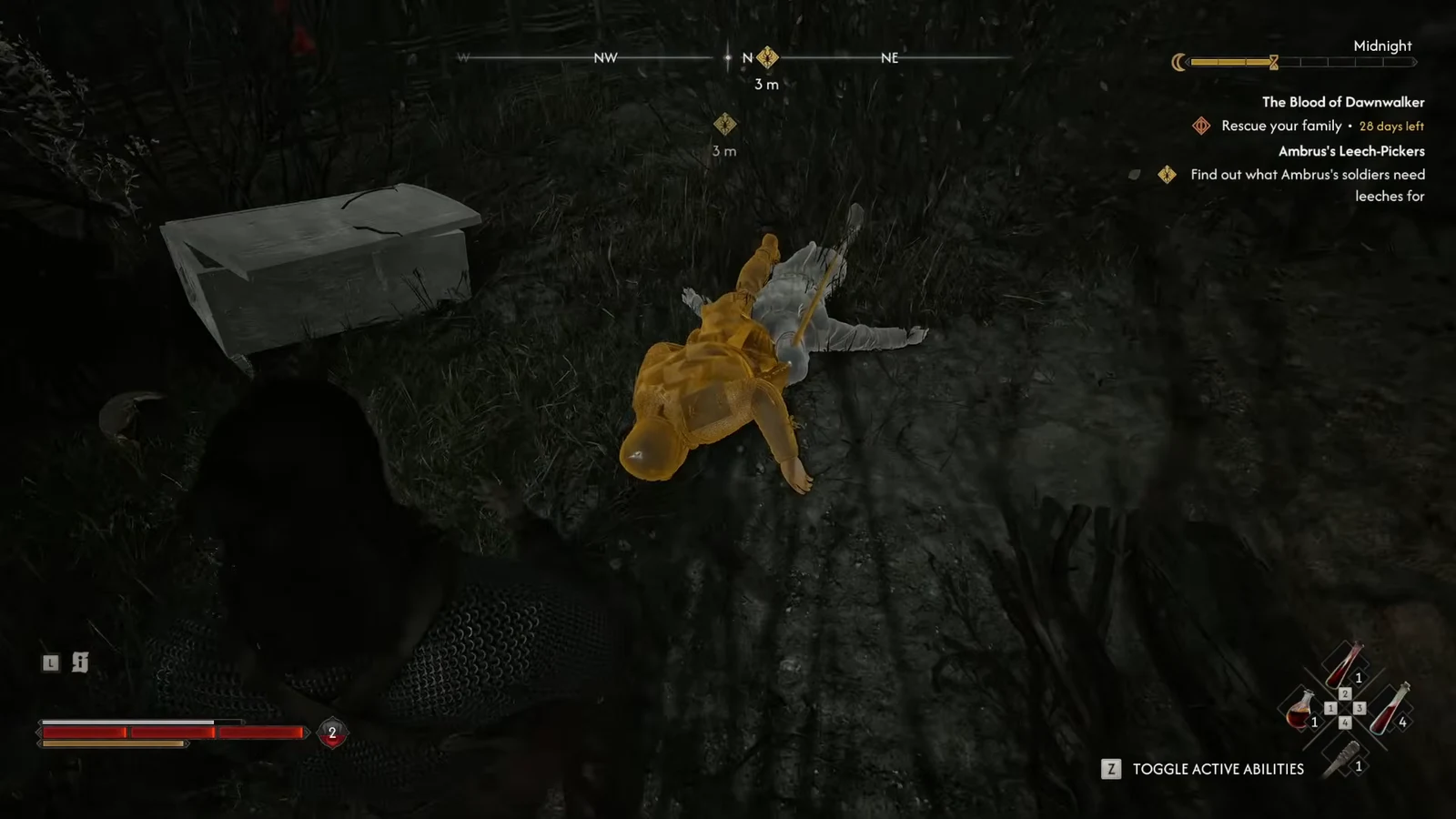 A fallen soldier glows gold in Focus Mode as the player loots Instructions from Ambrus