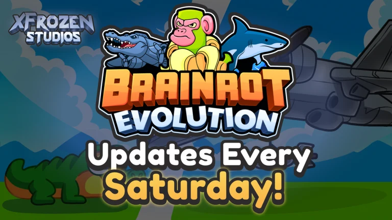 A Brainrot Evolution promotional title card displays the game logo and update announcement over a dark blue game-world background.
