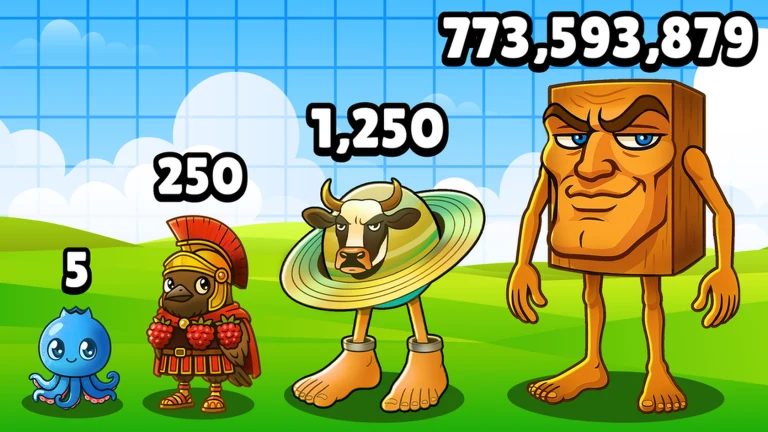An outdoor daytime lineup shows an octopus, Roman warrior, cow-disk creature, and toast humanoid ascending through numbered evolution stages.