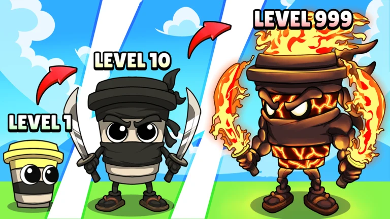 Under a bright daytime sky, a small masked character evolves from level one through a black ninja into a flaming pot warrior at level nine-hundred-ninety-nine.