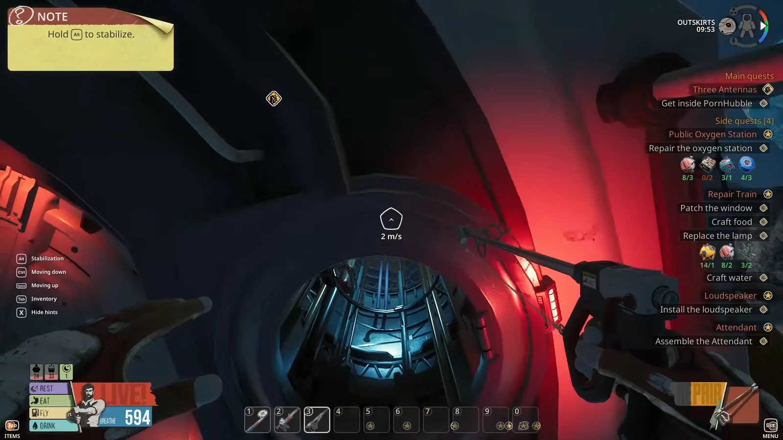 Aiming a tool at the interior hatch while the stabilize note sits at the bottom of the screen