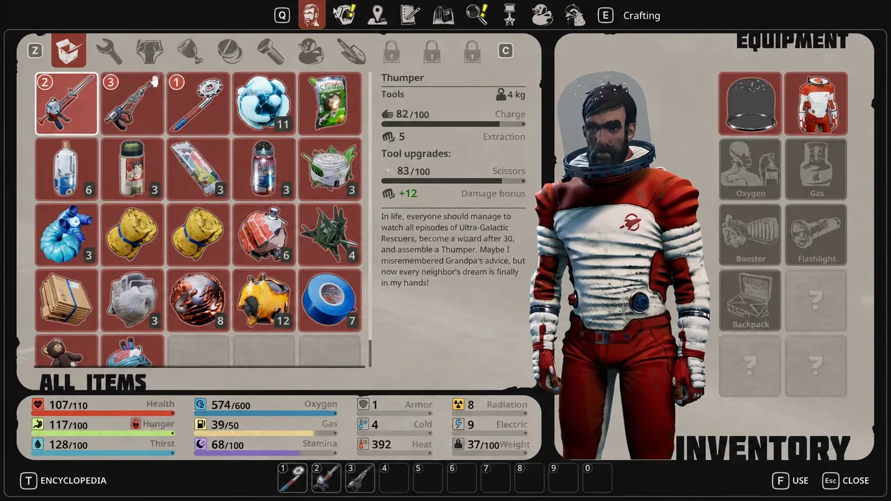 Equipment inventory screen with a tool selected, showing charge, extraction and damage bonus stats