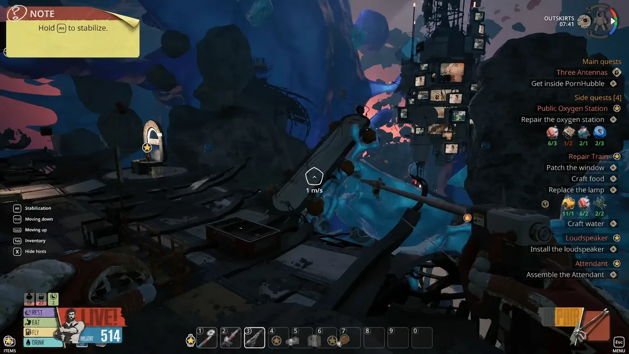Flying through open space toward the antenna structure with the stabilize prompt on screen