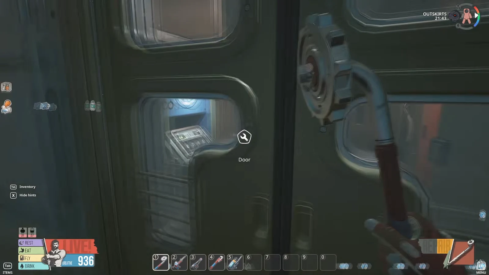 Door interaction prompt highlighted while aiming at a sealed door in the train