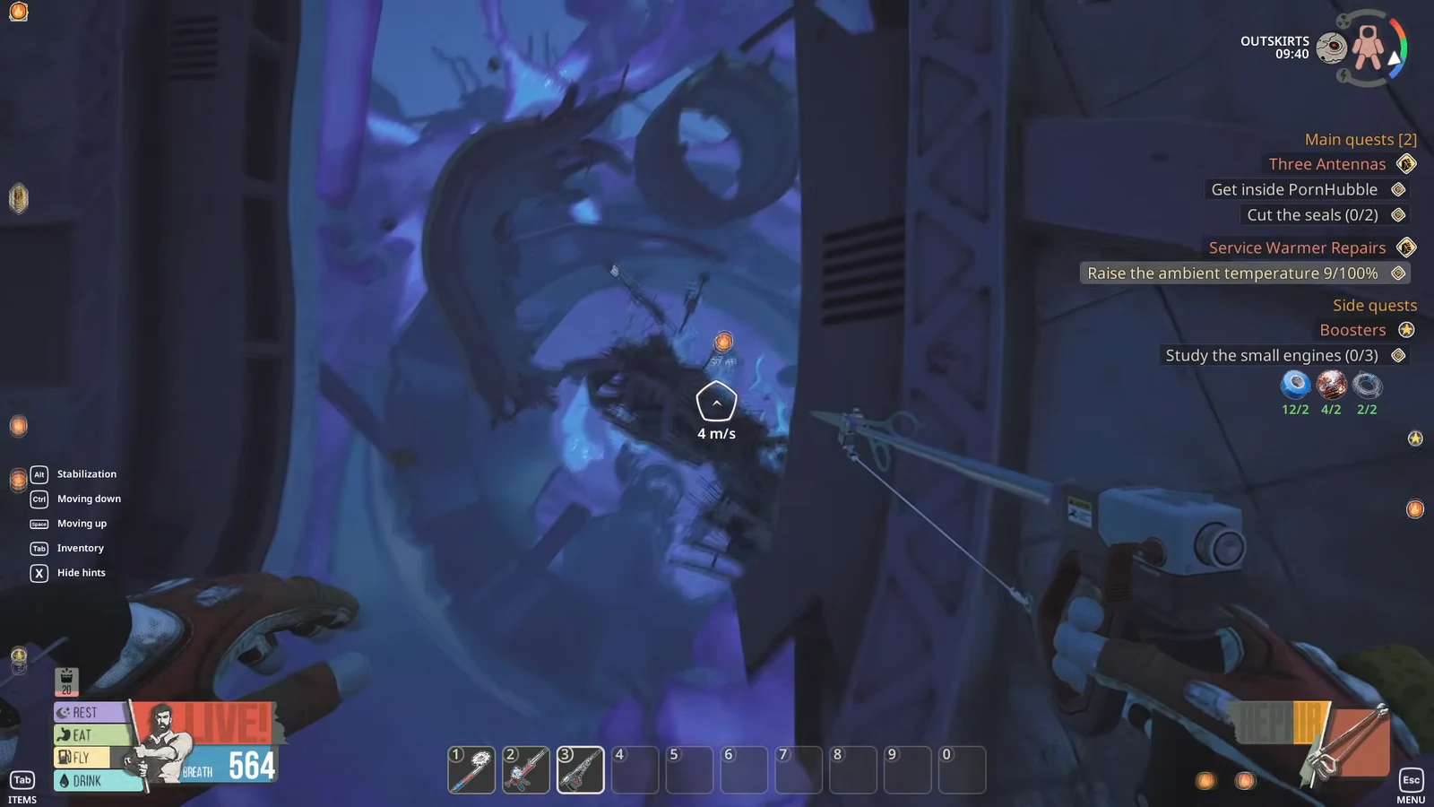 Raise the ambient temperature 9/100% objective shown while moving through a flooded passage with a tool equipped