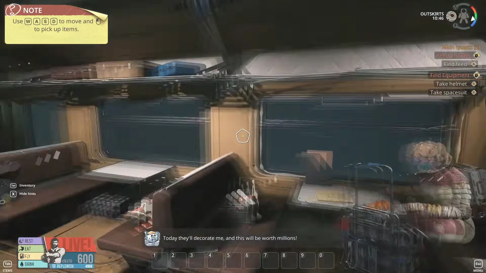 Opening train cabin with the movement tutorial active while collecting the helmet and spacesuit