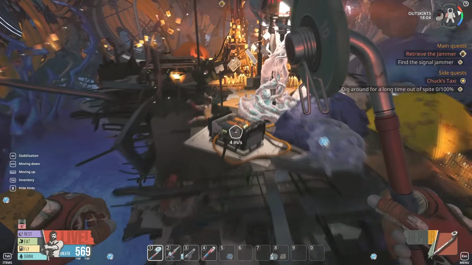 Player lining up the signal jammer device on a platform during the Find the signal jammer objective