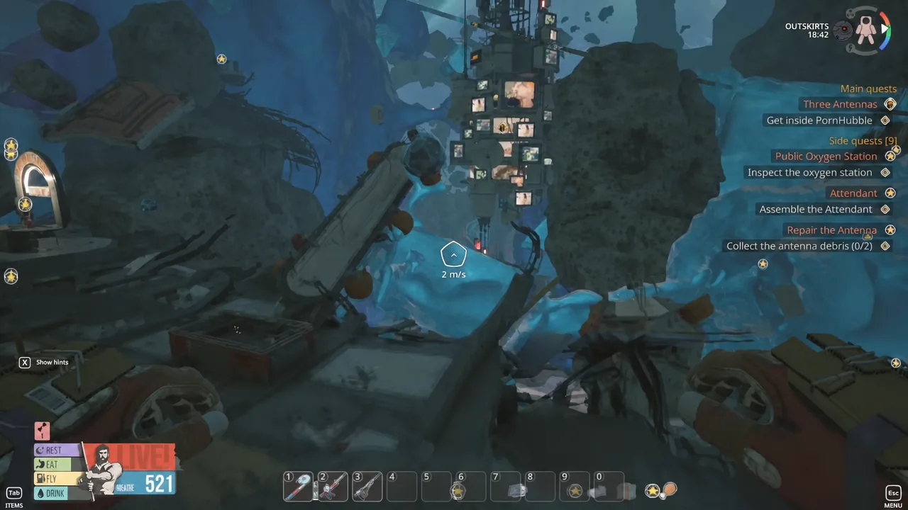 Flying through open space at 2 m/s with main and side quest objectives on the HUD