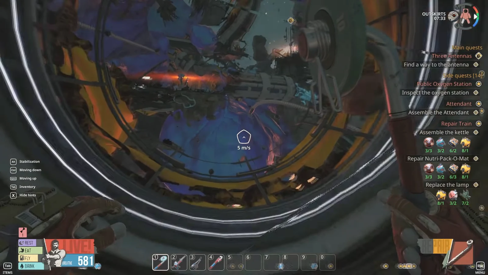 Flying at 5 m/s toward the gym area with the Find a way to the antenna objective active