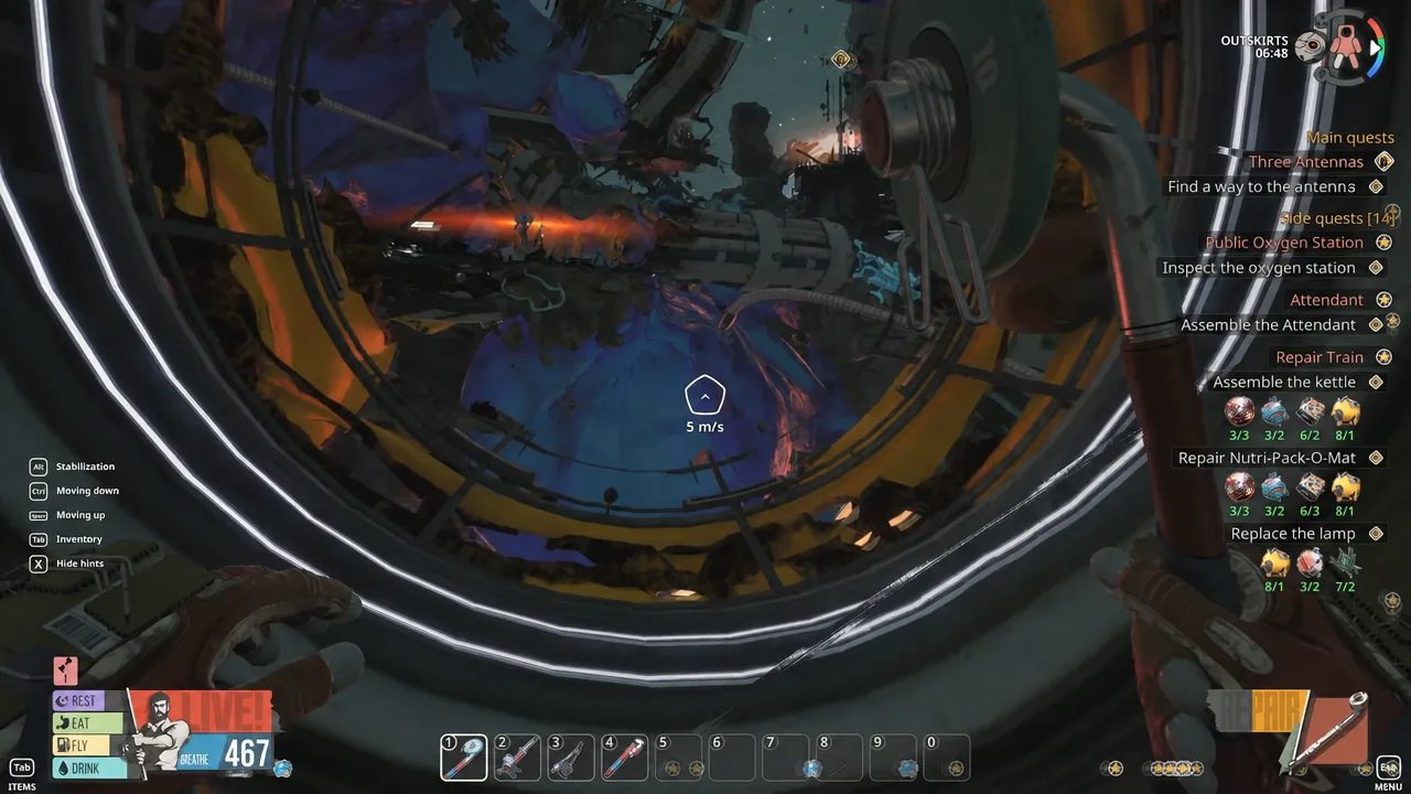 Flying at 5 m/s toward the gym area with the Find a way to the antenna objective active